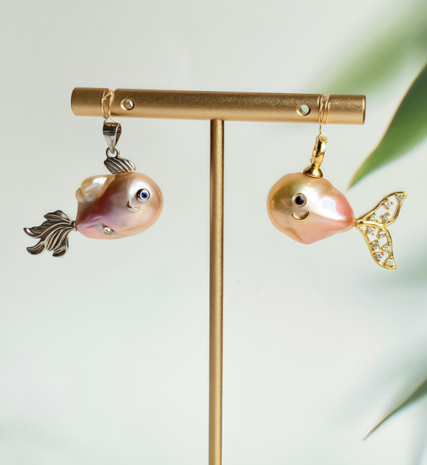 Raffie & Julia Handcrafted Freshwater Pearl Fish Pendant - Unique Baroque Pearls, Fish Design, Elegant and Playful Jewelry, Perfect for Gifting, Luxurious Artisan-Crafted Charm