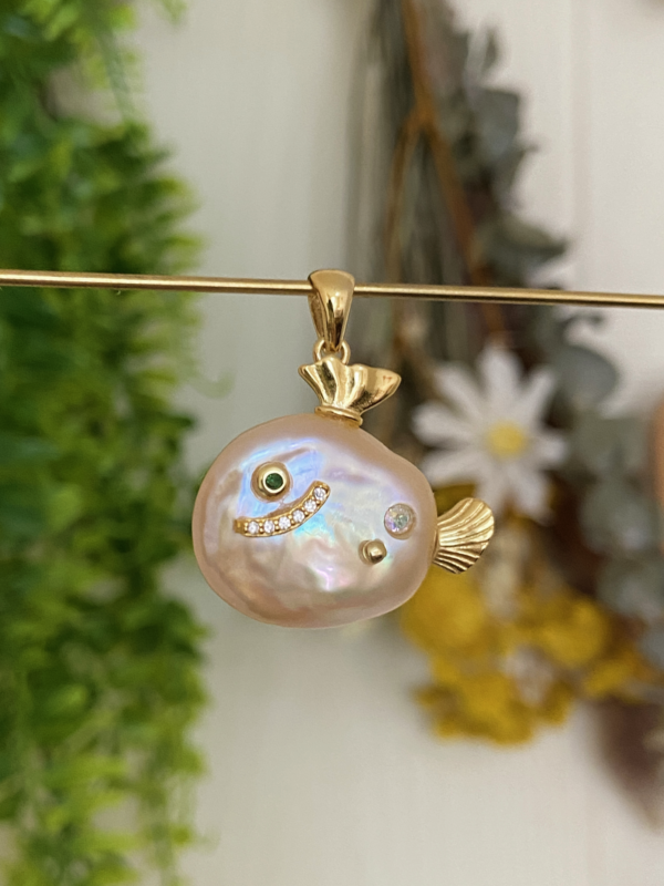 Raffie & Julia Handcrafted Freshwater Pearl Fish Pendant - Unique Baroque Pearls, Fish Design, Elegant and Playful Jewelry, Perfect for Gifting, Luxurious Artisan-Crafted Charm