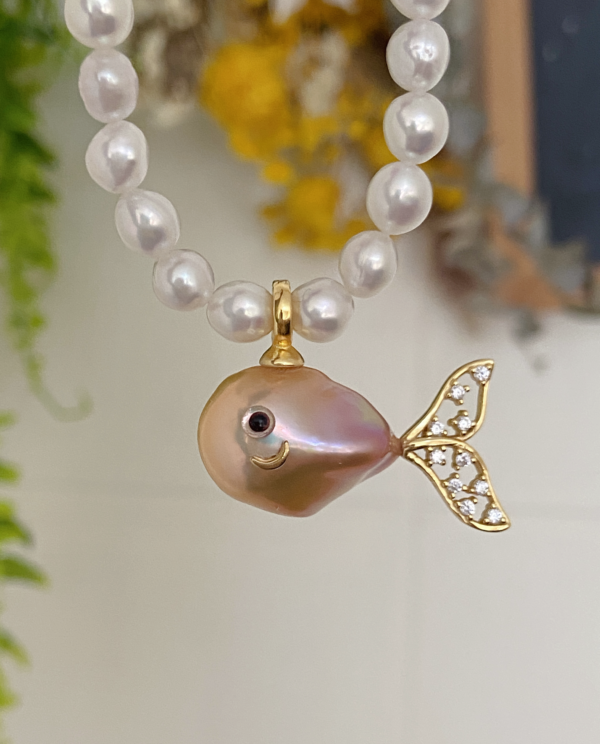 Raffie & Julia Handcrafted Freshwater Pearl Fish Pendant - Unique Baroque Pearls, Fish Design, Elegant and Playful Jewelry, Perfect for Gifting, Luxurious Artisan-Crafted Charm