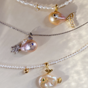 Raffie & Julia Handcrafted Freshwater Pearl Fish Pendant - Unique Baroque Pearls, Fish Design, Elegant and Playful Jewelry, Perfect for Gifting, Luxurious Artisan-Crafted Charm