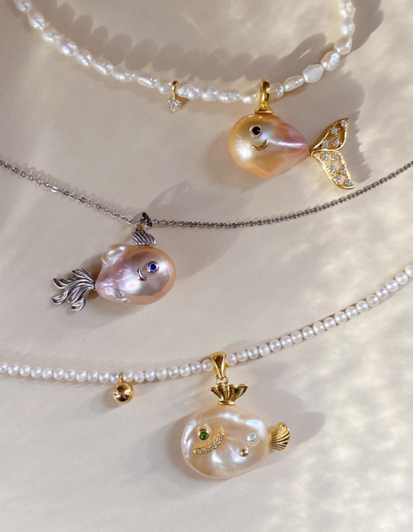 Raffie & Julia Handcrafted Freshwater Pearl Fish Pendant - Unique Baroque Pearls, Fish Design, Elegant and Playful Jewelry, Perfect for Gifting, Luxurious Artisan-Crafted Charm