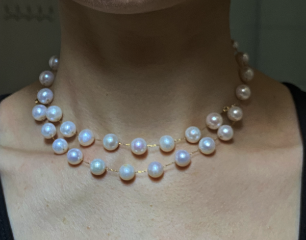 Raffie & Julia Stella Freshwater Pearl Station Necklace - Elegant 8-9mm Pearls, Versatile Design, Double-Strand Choker, Tarnish-Resistant Medical Steel Chain, Luxury Bridal Jewelry, Classic Pearl Choker, Adjustable Length