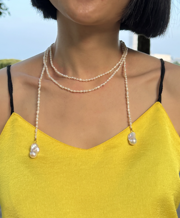 Raffie & Julia Serenity Necklace: Long Baby Pearl Necklace with Baroque Pendants, 130cm Adjustable Multi-Way Pearl Strand, Delicate 3-3.5mm Pearls, Stainless Steel Chain, Sensitive Skin-Friendly, Tarnish-Resistant, Versatile Layering Necklace, Unique Gift for Her