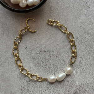 Raffie&Julia Lustre Link Pearl Bracelet - 18K Gold Plated Adjustable Chain with Freshwater Pearls, Tarnish-Resistant Gold-Tone Stainless Steel, Luxury Jewelry Gift for Women, Bridesmaid, or Wedding Accessories