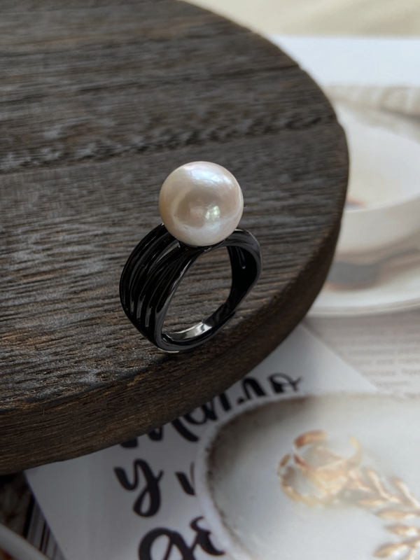 Raffie & Julia Eclipse Pearl Ring - Adjustable Modern Statement Jewelry with Hand-Picked Near Perfectly-Round White Freshwater Pearl or Black Tahitian Pearl and 18k Black Rhodium-Plated Sterling Silver, Bold Pearl Ring for Women, Modern Statement Jewelry,