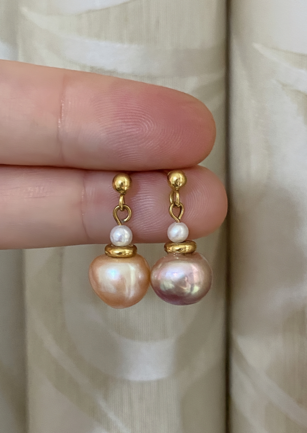 Raffie & Julia Colorful Freshwater Pearl Dangle Earrings for Women, 18k Gold-Plated Stainless Steel Jewelry, Mismatched or Matching Pink and Purple Pearl Drop Earrings, Hypoallergenic Handmade Minimalist Earrings