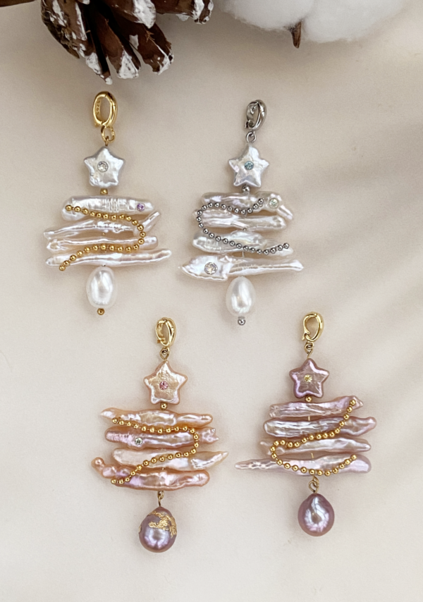 Raffie & Julia Handmade Christmas Tree Pendants with Freshwater Pearls - Colorful & White Variants, Perfect as Necklace Pendant or Brooch, Free Golden/Silver Tone Brooches Included